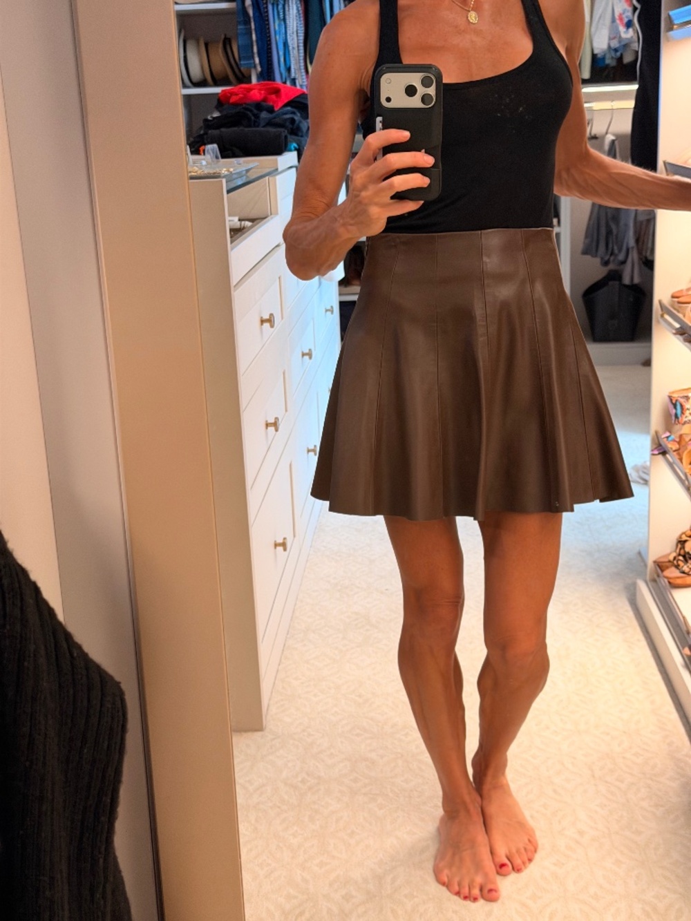 Chocolate Brown Faux Leather Skort, Fit and Flare Mini, Size S